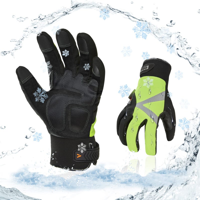 Vgo... 1-Pair -4â„‰ or above 3M Thinsulate C100 Lined High Dexterity Touchscreen Synthetic Leather Winter Warm Work Gloves, Waterproof Insert (Size L, Fluorescent Green, SL8777FW) - Image 1
